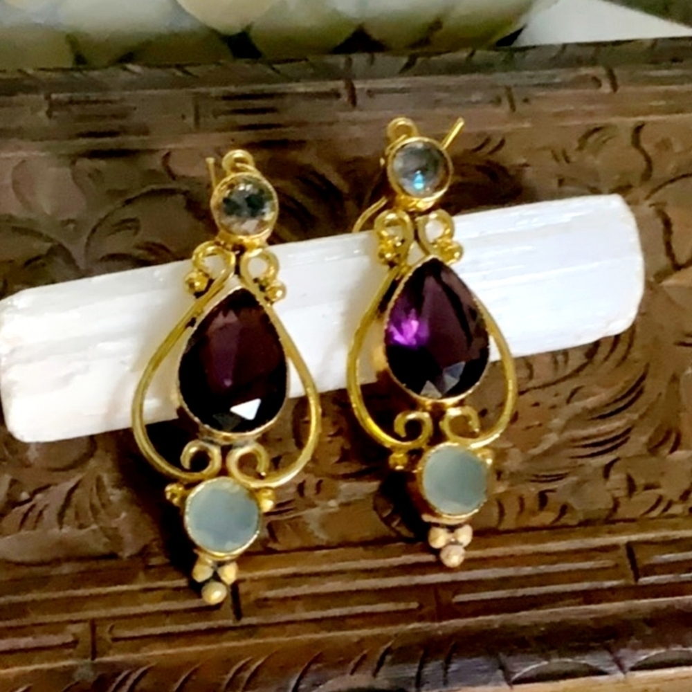 Handcrafted Amethyst Topaz Chalcedony Gold Dangle Drop Earrings